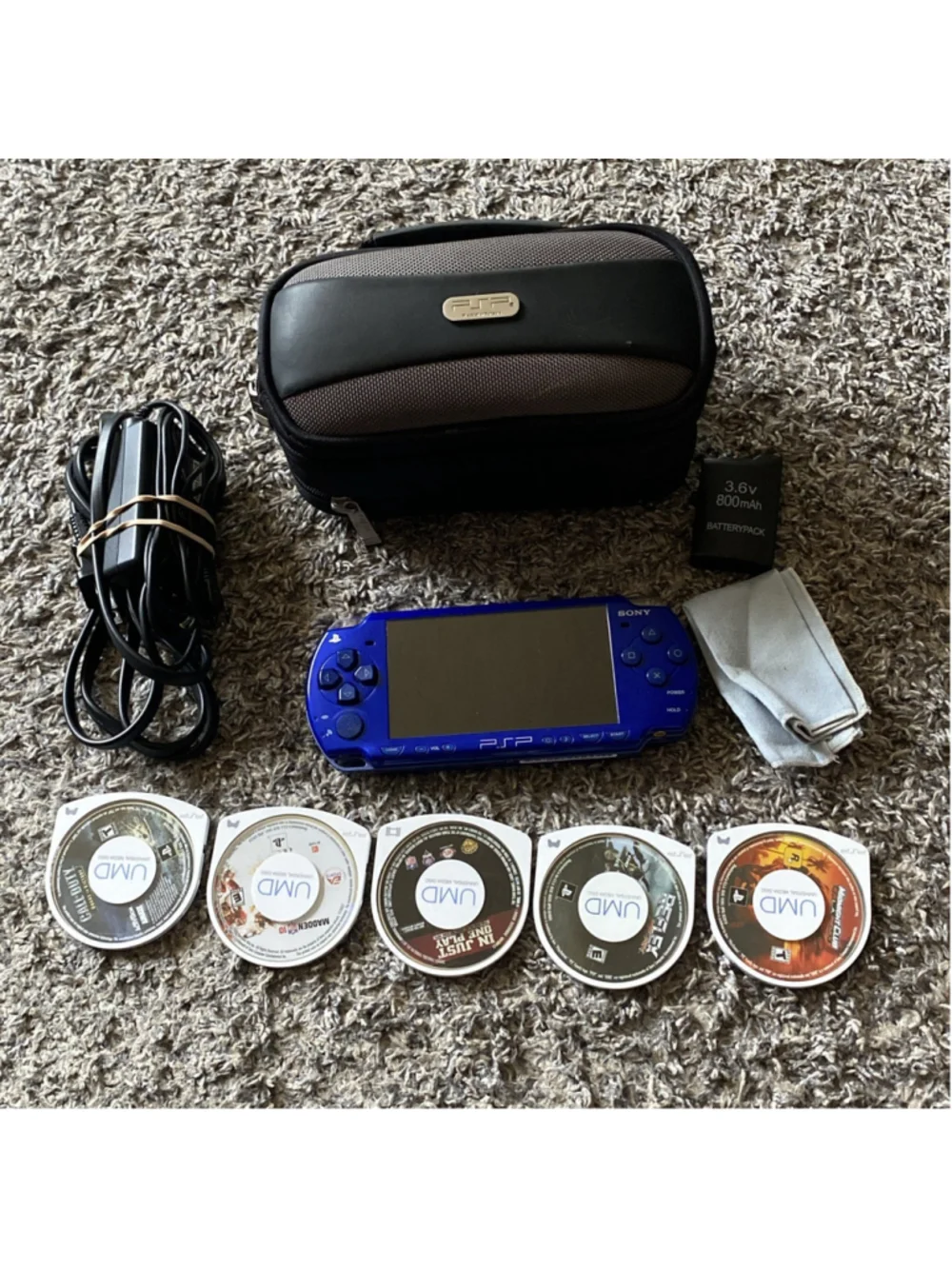Sony PSP 2001 Handheld System Metallic Blue Tested w New Battery 6 Games W/case